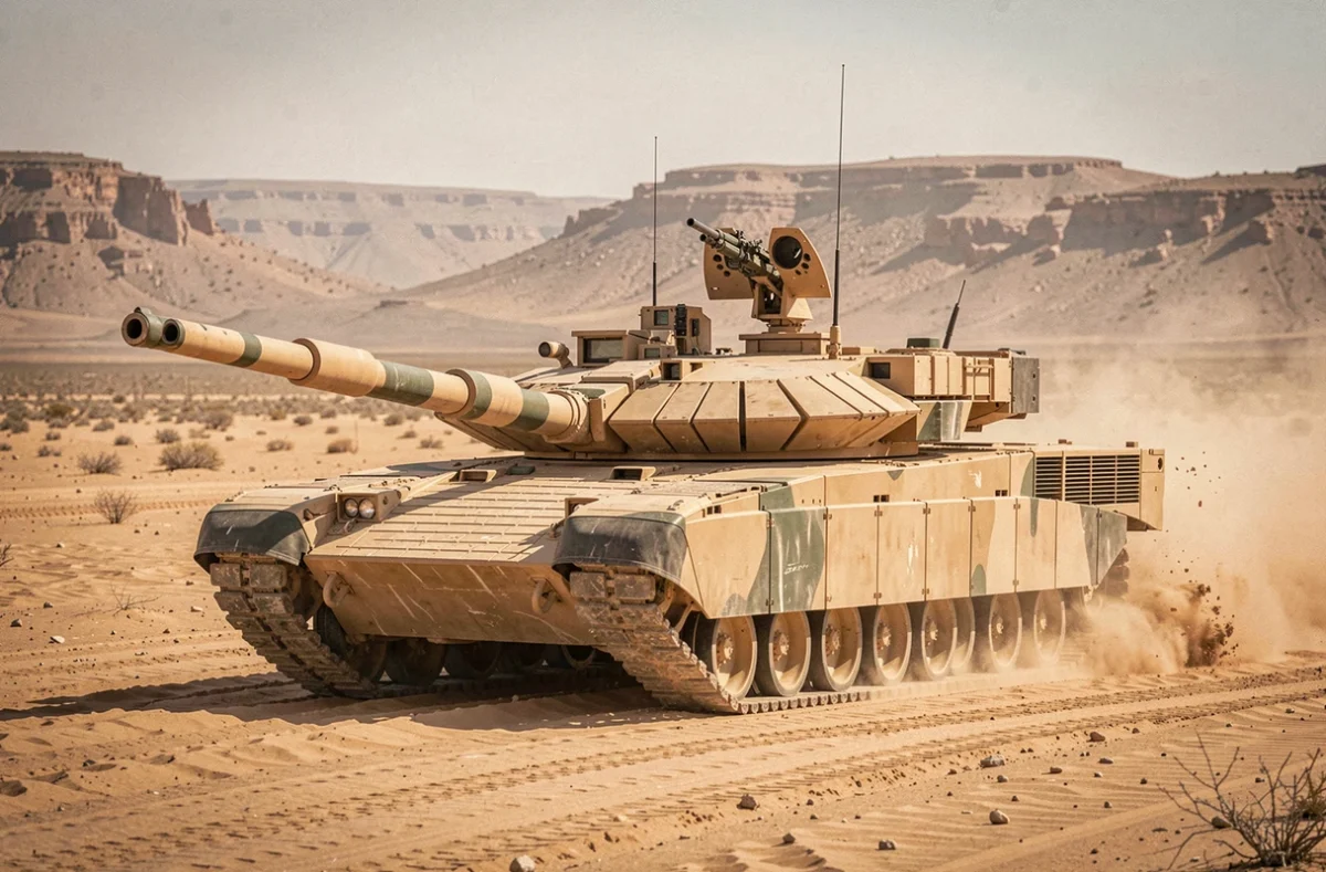 Char Challenger 2 en mouvement dans un environnement désertique lors d'un exercice militaire, panneaux de blindage réactif et équipements de protection visibles