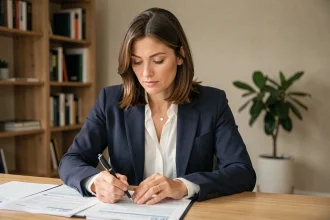 Femme examinant des documents de carte grise pour un véhicule en leasing à son bureau