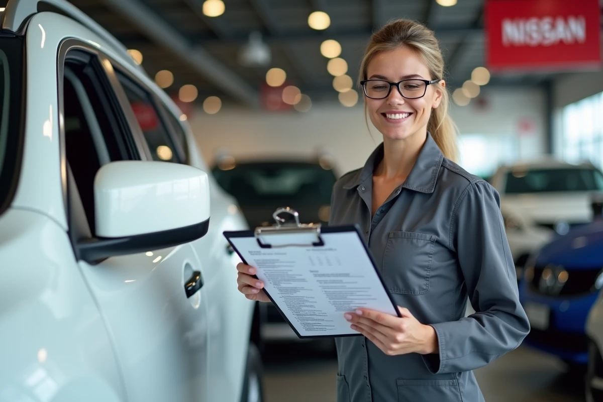 Technicienne automobile vérifiant la liste d'entretien d'un Nissan SUV dans un centre de service agréé
