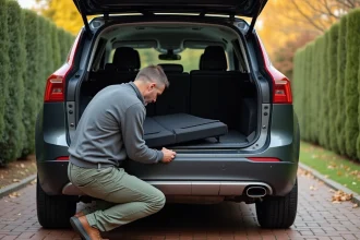Homme moyenâge en casual ouvrant le coffre SUV pratique