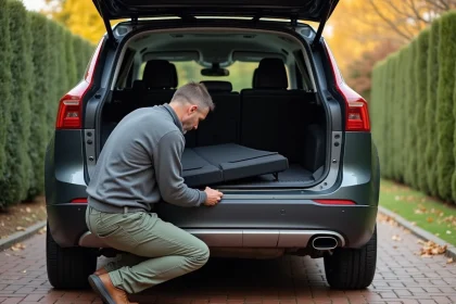Homme moyenâge en casual ouvrant le coffre SUV pratique