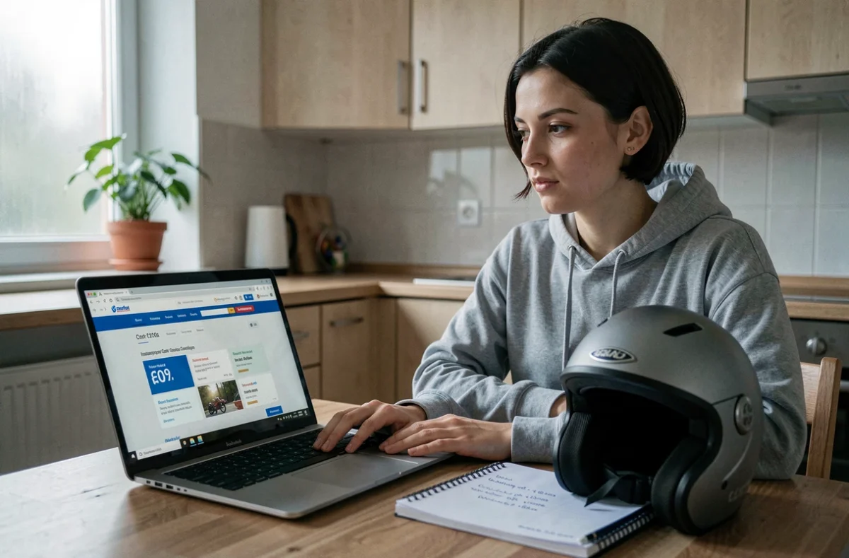 Jeune femme débutante comparant les prix d'assurance moto 125cm3 sur un ordinateur portable avec un casque posé sur la table