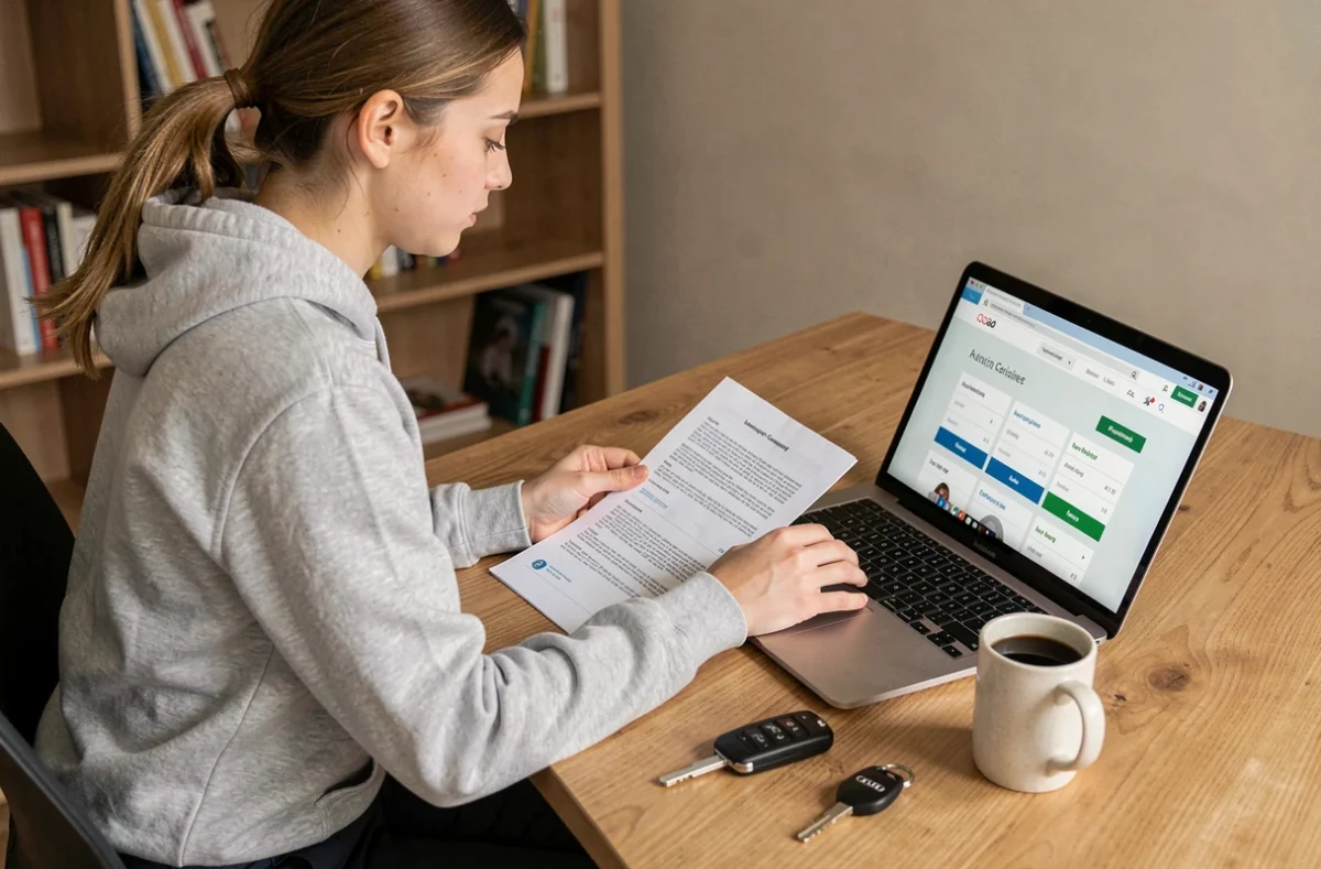 Jeune femme comparant les offres d'assurance pour une Audi A3 sur ordinateur portable avec des documents et des clés de voiture Audi