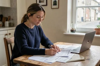 Femme comparant des offres d'assurance auto à domicile à Denain avec des documents papier et un ordinateur portable