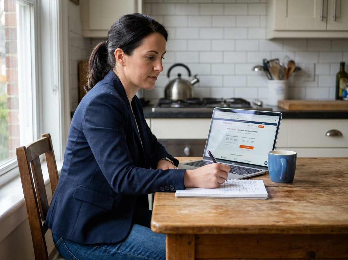 Femme comparant des formules d'assurance auto sur ordinateur portable à la maison, pour un véhicule qui se déprécie