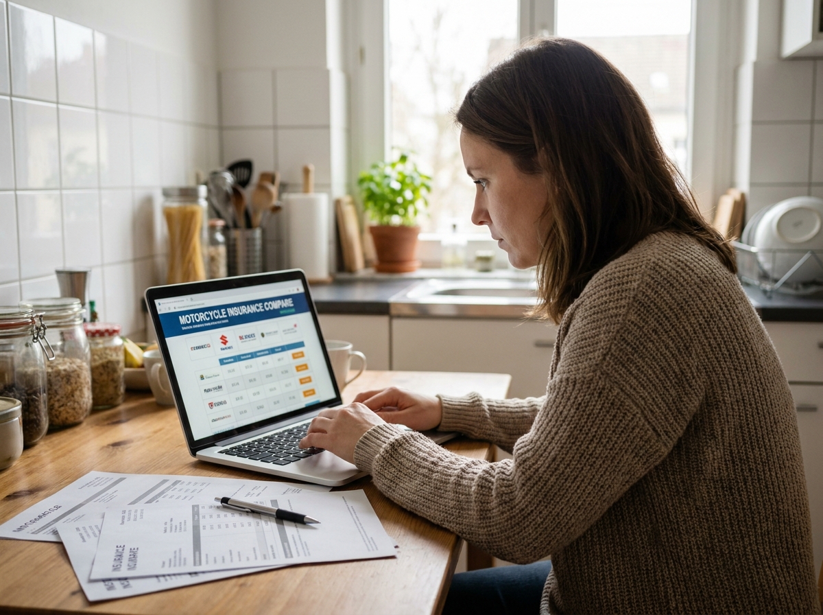 Femme comparant des offres d'assurance moto pas chère sur son ordinateur portable à la maison