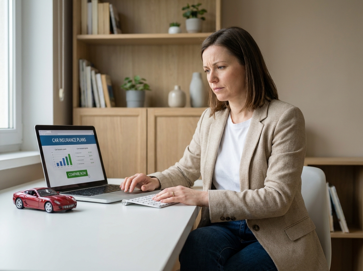 Femme comparant des offres d'assurance auto sur ordinateur portable avec une maquette de voiture de sport posée sur le bureau
