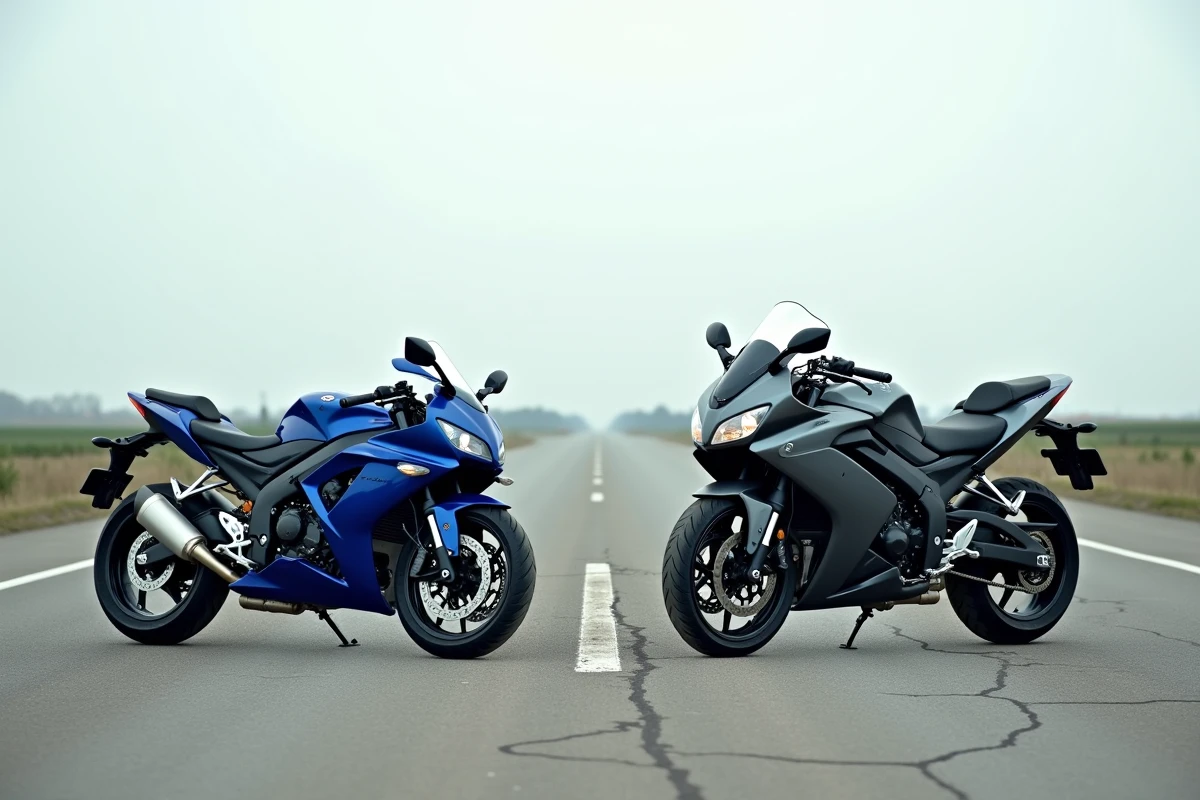Deux motos de cylindrées différentes côte à côte sur une aire d'autoroute, 600cc et 1200cc comparées