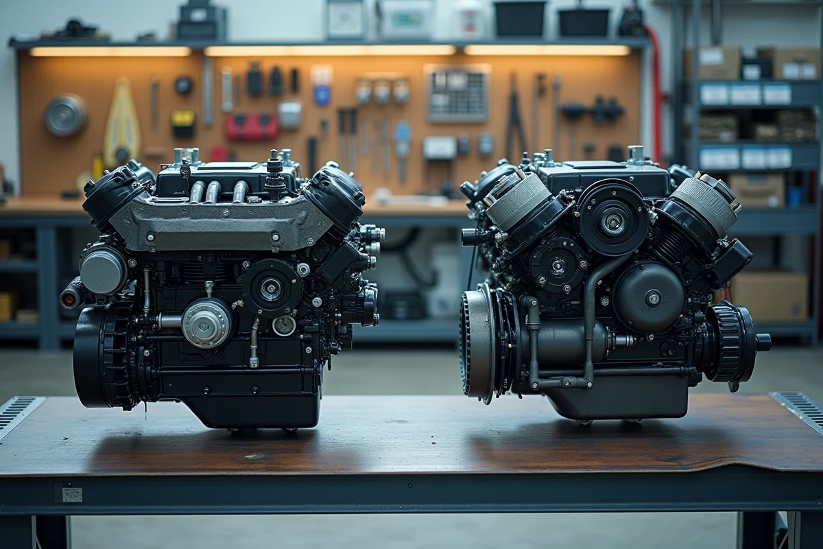 Comparaison côte à côte d'un moteur 2.0 BiTDI et d'un moteur 2.0 TDI classique sur établi de garage