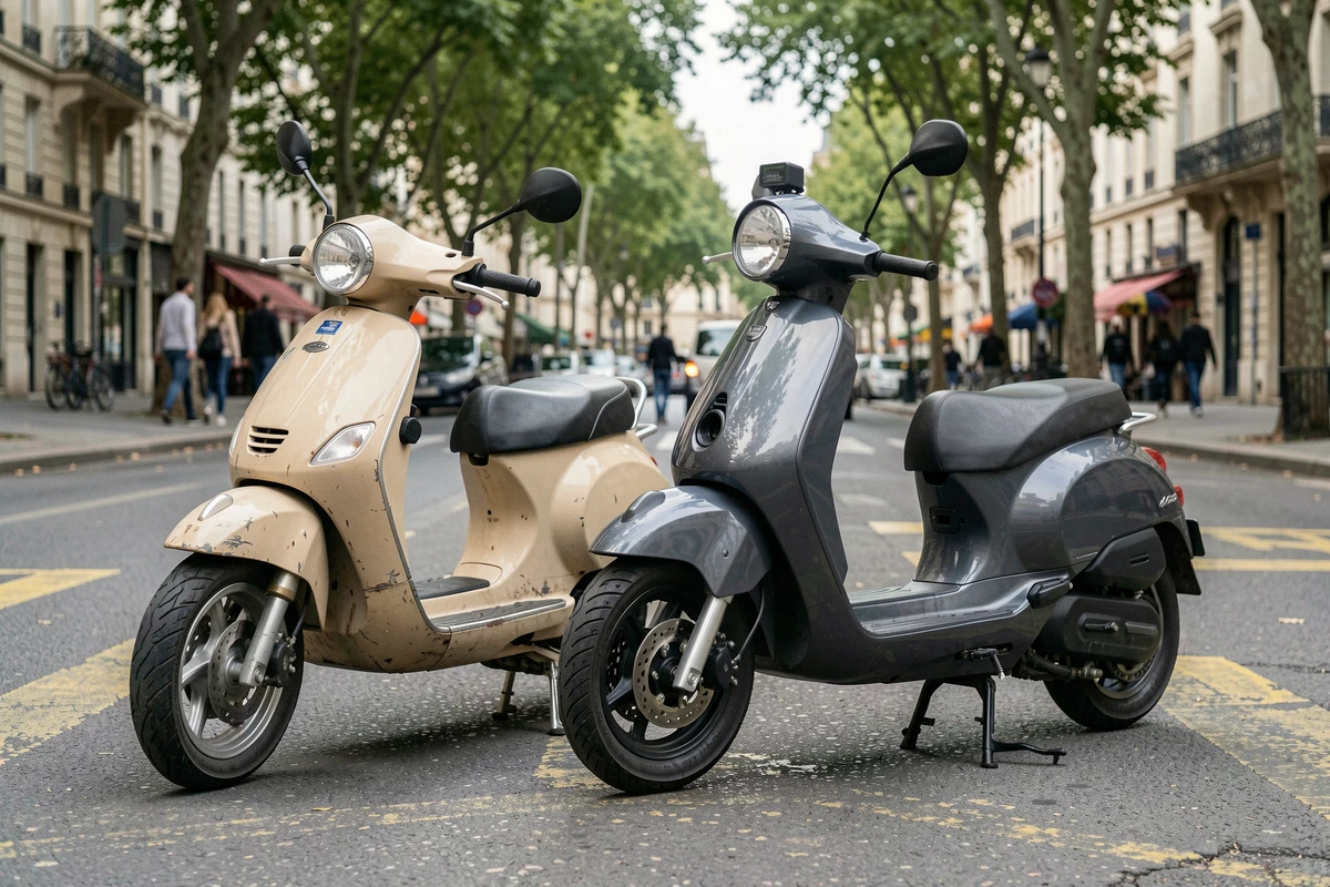 Comparaison côte à côte d'un scooter 50 cm3 à essence et d'un scooter électrique dans une rue parisienne