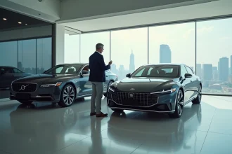 Homme comparant une voiture électrique chinoise et une berline européenne dans un showroom automobile moderne