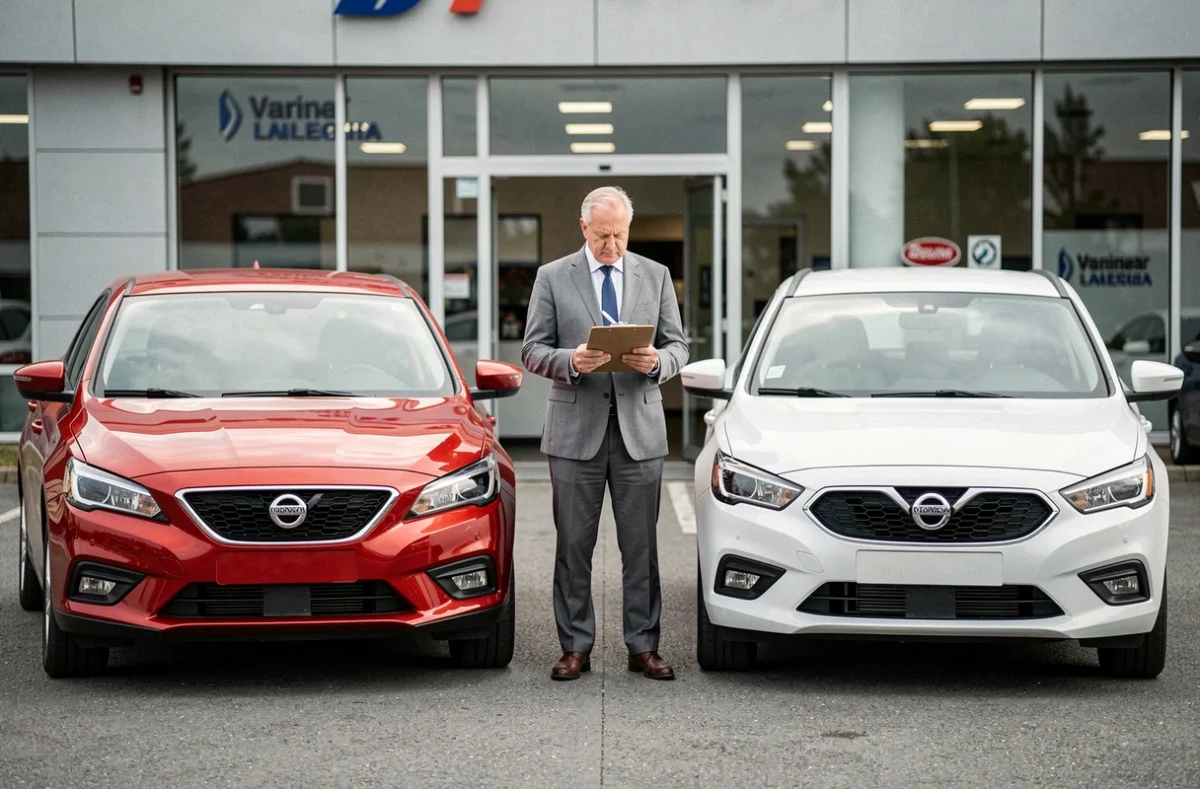 Courtier en assurance comparant deux voitures identiques rouge et blanche dans un parking de concessionnaire pour illustrer l'impact de la couleur sur le tarif d'assurance