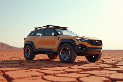 Concept-car Dacia Sandman vu de trois quarts avant sur terrain désertique ocre, style robuste et aventurier