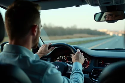 Homme concentré regardant le tableau de bord en conduisant
