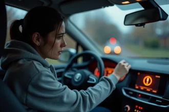 Conductrice inquiète regardant le voyant point d'exclamation allumé sur le tableau de bord de sa voiture