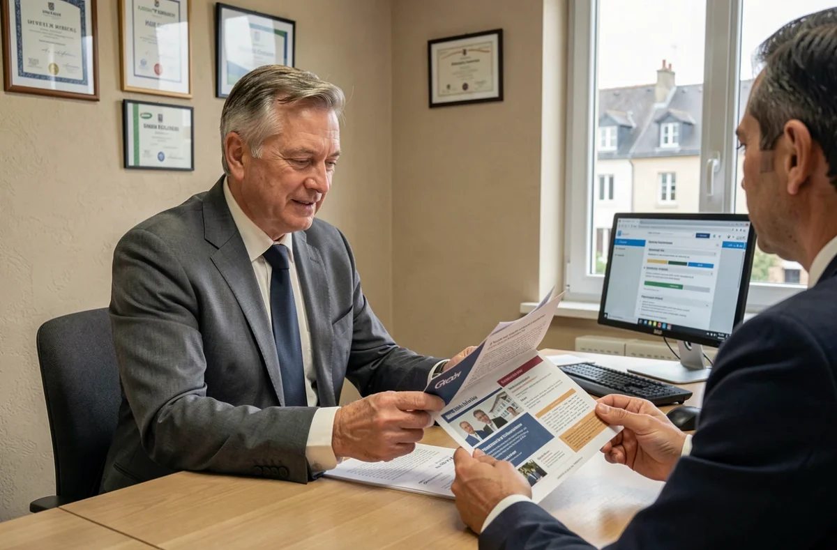 Conseiller en assurance auto expliquant une offre à un client dans une agence à Denain