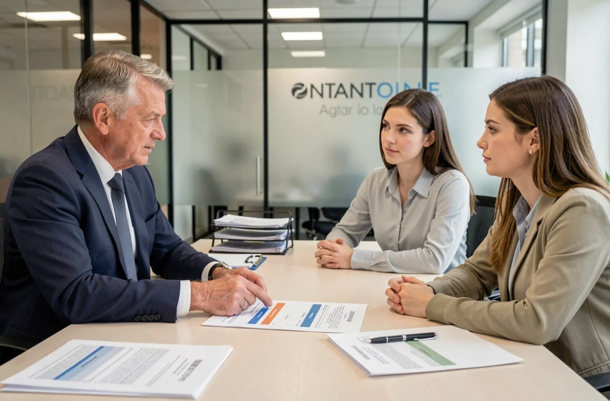 Conseiller en assurance présentant les tarifs d'assurance automobile à un couple dans une agence