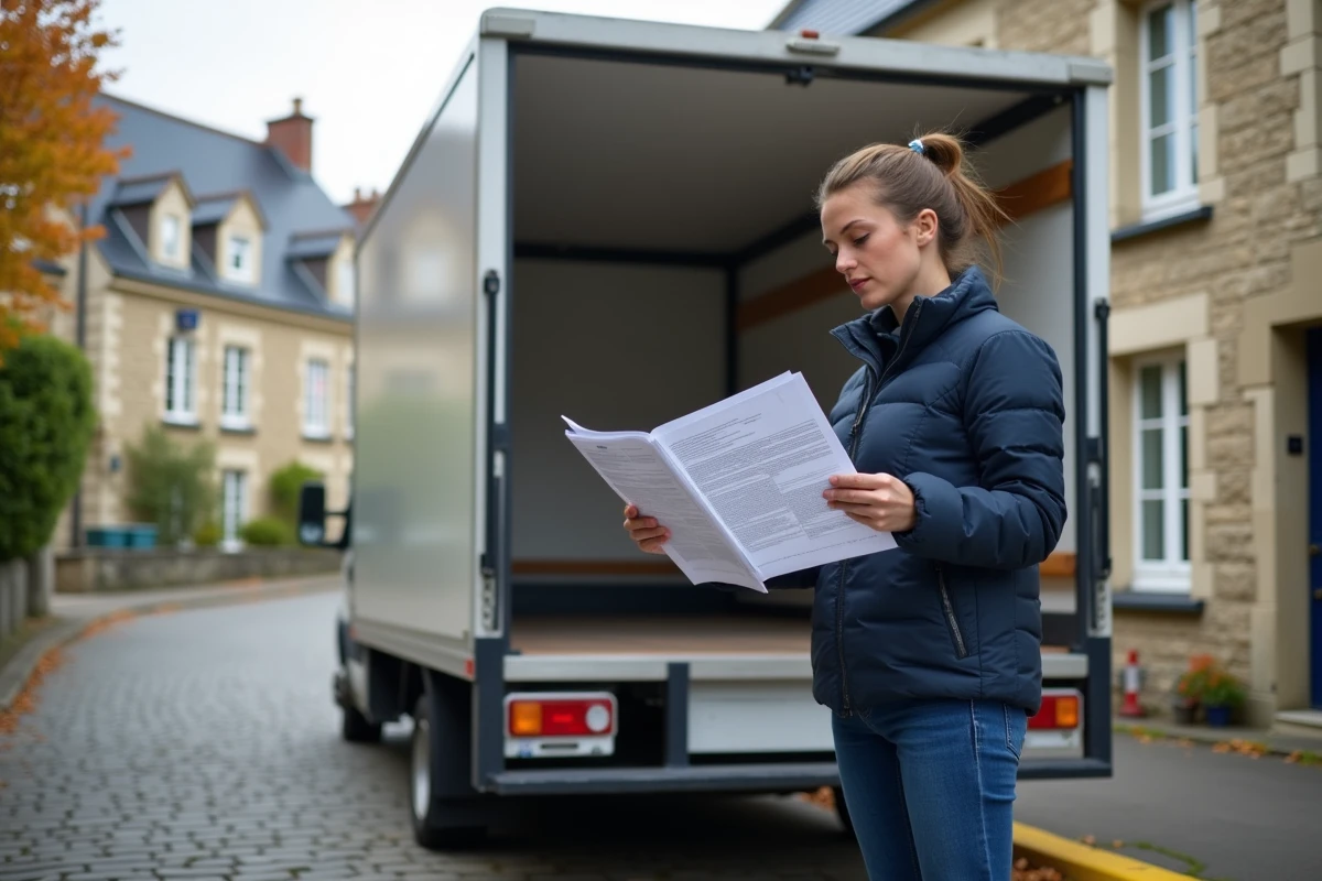 Femme consultant un contrat de location camion 20m3 avec hayon tarif aller simple devant une rue résidentielle