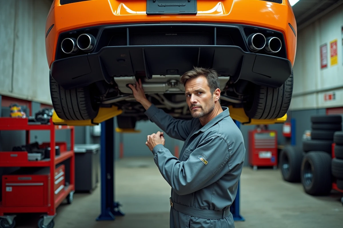 Mécanicien inspectant le dessous d'une Lamborghini Gallardo orange sur pont élévateur dans un atelier spécialisé