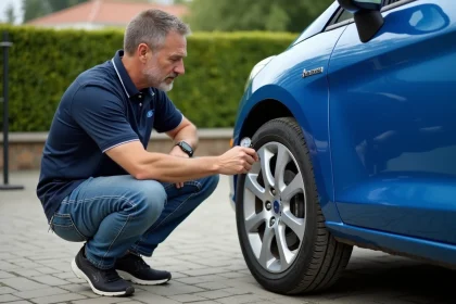 Homme vérifiant la pression des pneus d'une Ford Fiesta