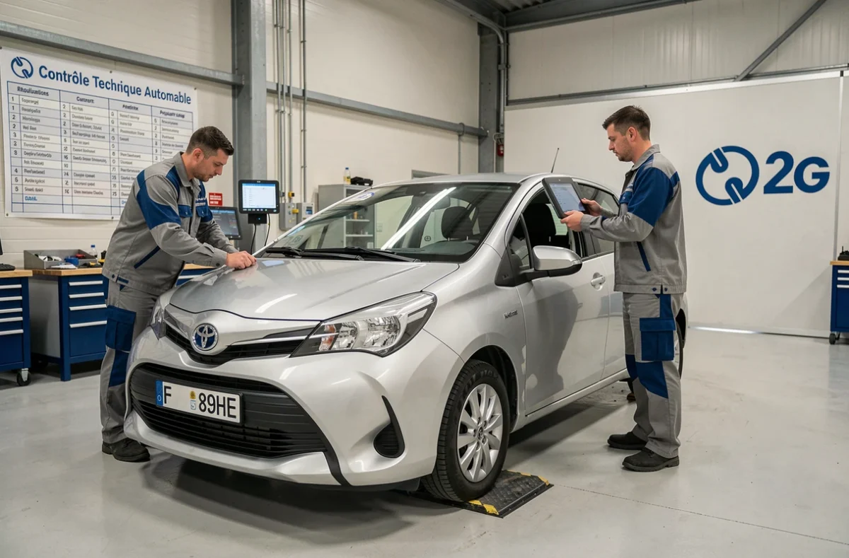 Deux techniciens du centre Contrôle Technique Automobile 2G effectuant ensemble l'inspection complète d'une Toyota Yaris