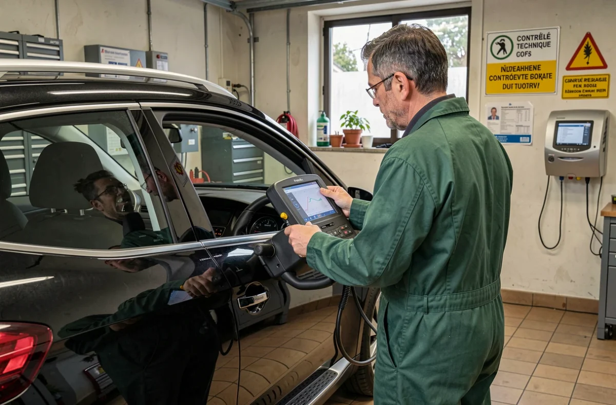 Technicien du Contrôle Technique du Bocage testant la direction d'un Peugeot 3008 sur détecteur de jeu au sol