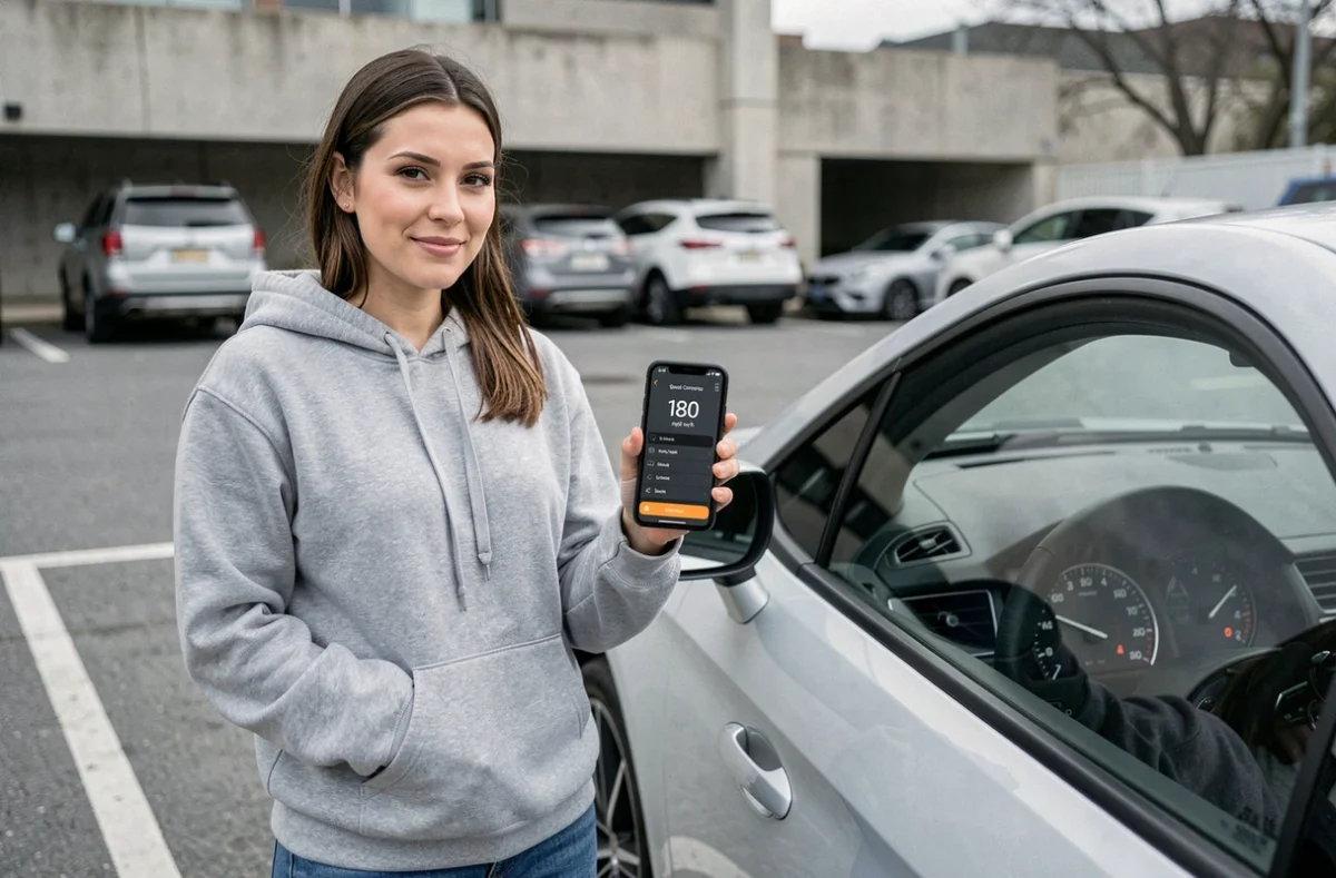 Femme consultant une application de conversion de vitesse 180 mph en kmh à côté d'une voiture de sport