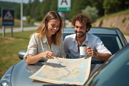 Couple souriant consultant une carte routière sur le capot d'une voiture dans une aire d'autoroute française en été