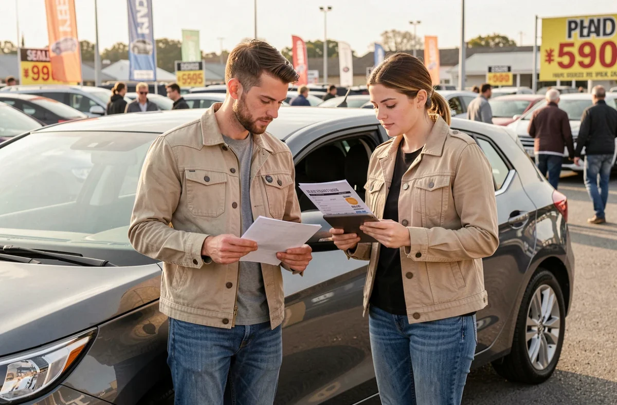 Couple consultant des données de fiabilité automobile lors d'un marché de voitures d'occasion en plein air