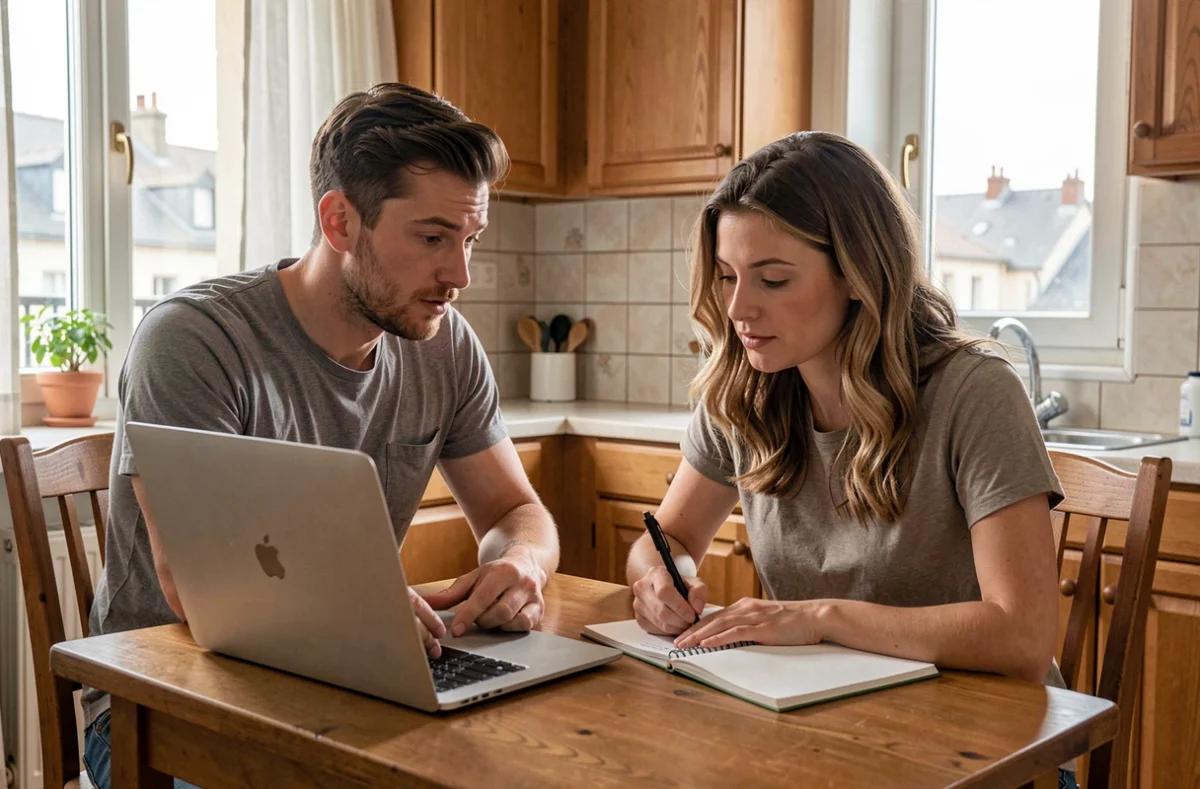 Couple comparant des devis d'assurance auto sur un ordinateur portable à domicile