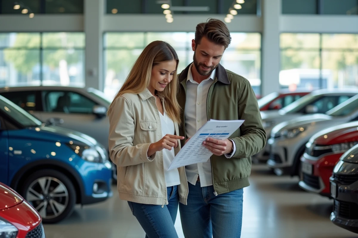 Couple comparant des voitures sans apport en leasing à 59 euros par mois dans une concession automobile moderne