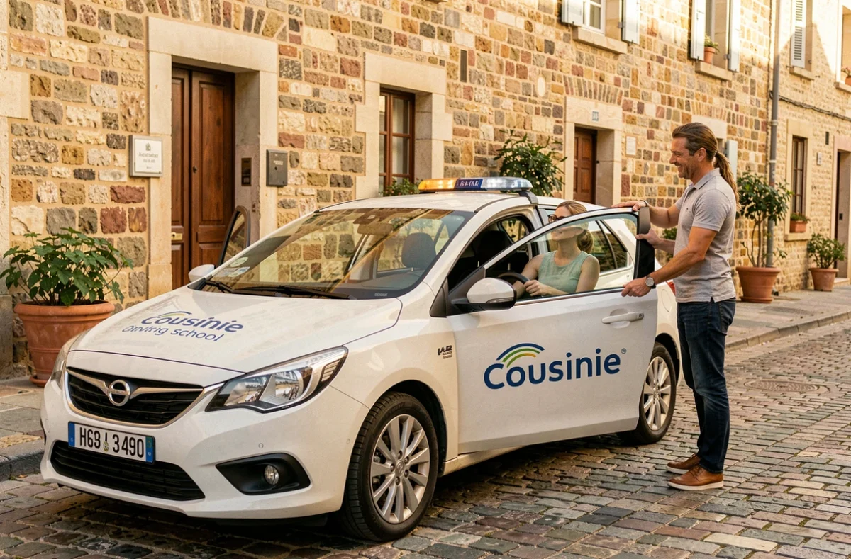Moniteur de l'auto-école Cousinie Castres présentant le véhicule à double commande à une jeune élève devant un bâtiment en calcaire typique du sud de la France