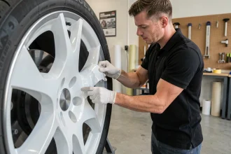 Technicien appliquant un covering blanc sur une jante alliage en atelier de customisation automobile