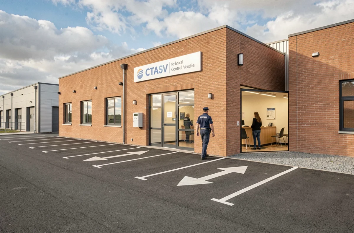 Extérieur du centre CTASV en Vendée avec un technicien accompagnant un client vers l'accueil