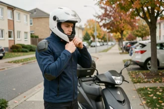Jeune conducteur débutant équipé d'un casque intégral blanc attachant sa sangle à côté d'un scooter 125cc noir mat dans une rue résidentielle