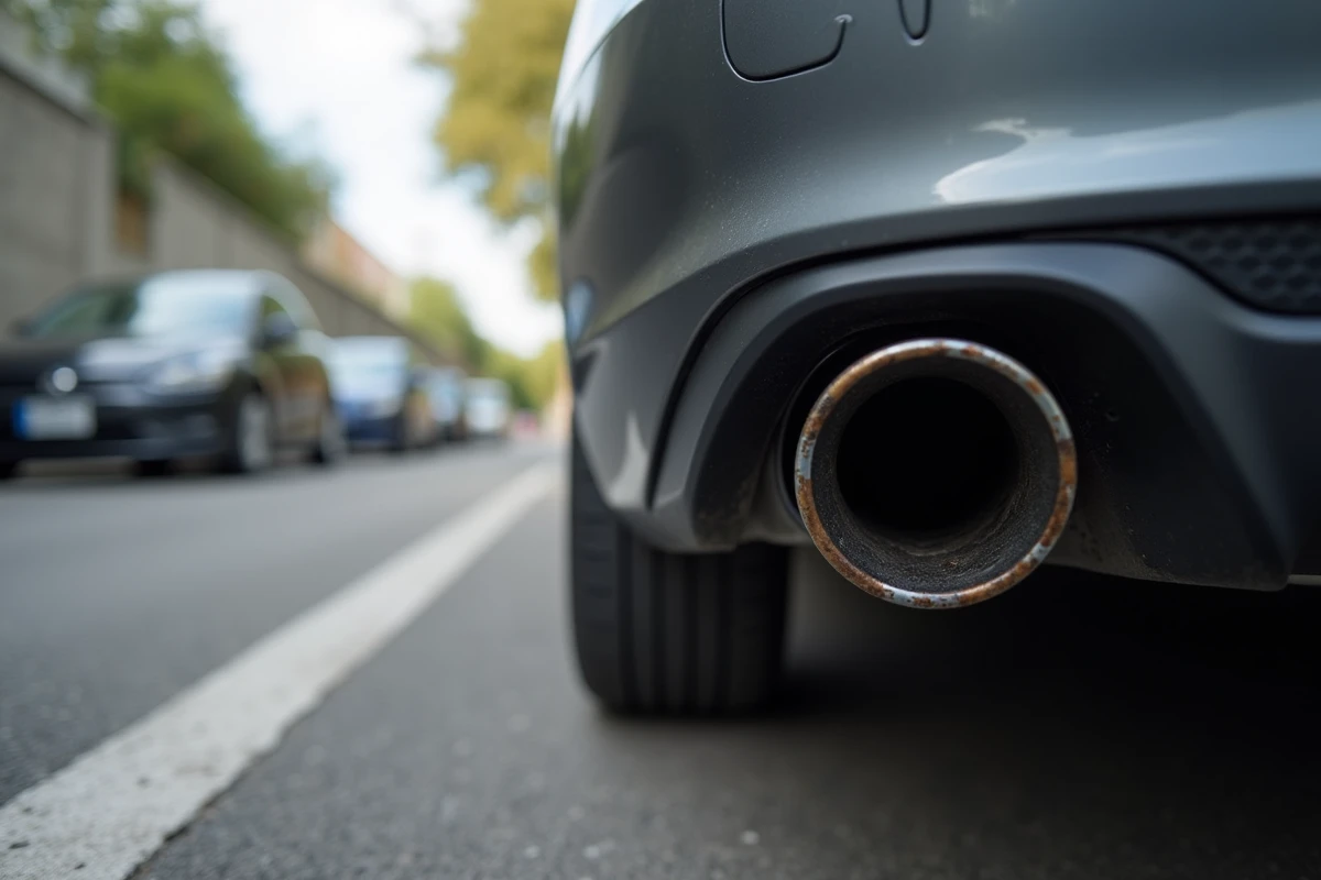 Gros plan sur le pot d'échappement d'un véhicule diesel montrant des dépôts de suie caractéristiques pouvant indiquer une suppression du filtre à particules FAP