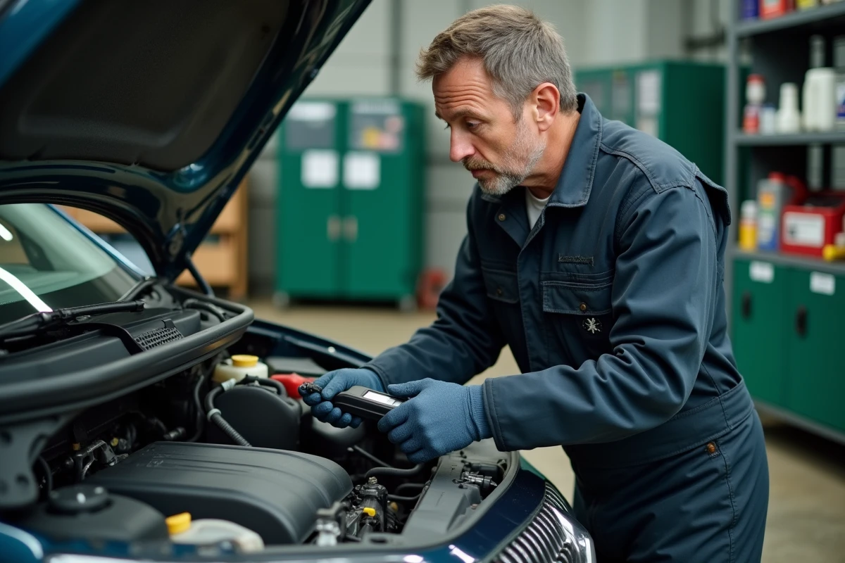 Mécanicien effectuant un diagnostic OBD sur le moteur PureTech d'une Peugeot 208 en atelier