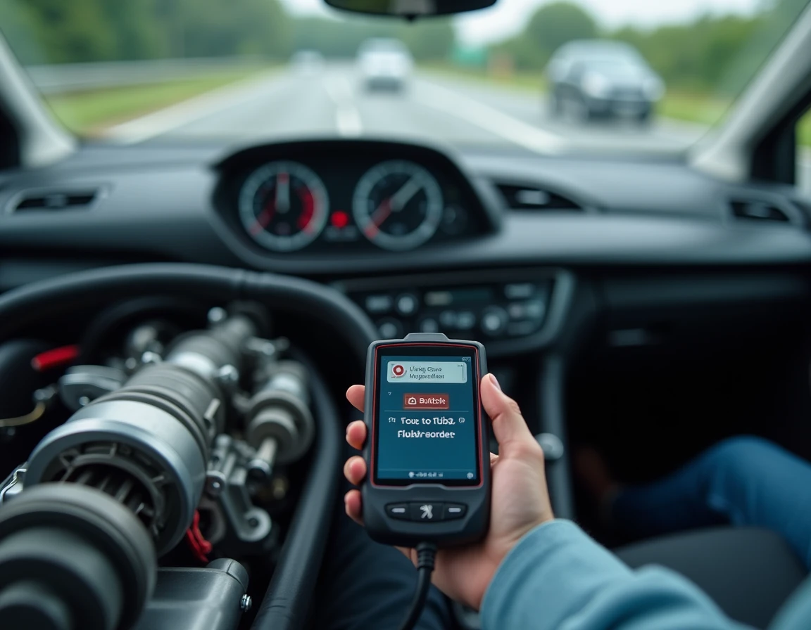 Scanner de diagnostic OBD2 branché dans une Peugeot 3008 affichant un code défaut moteur P2563 sur l'autoroute