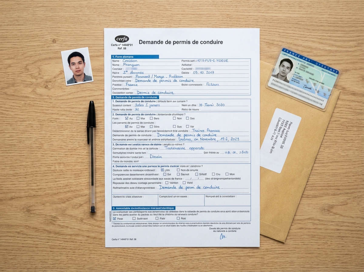 Vue de dessus d'un dossier Cerfa complet pour le permis de conduire avec pièces justificatives