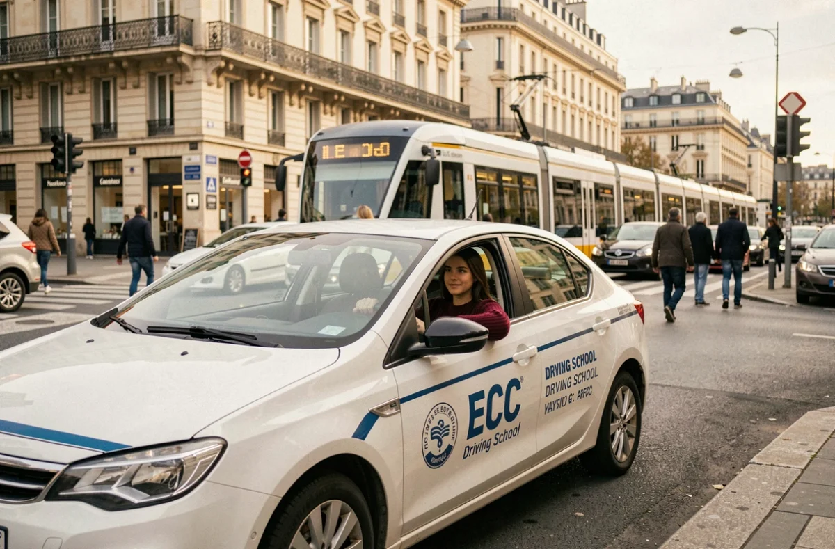 Élève de l'ECF conduisant dans une intersection animée de Lyon sous la supervision de son moniteur
