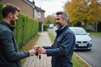 Père et fils souriants échangeant les clés de voiture devant la maison