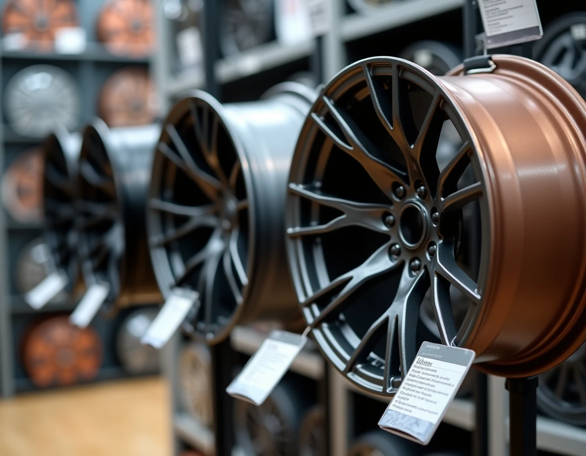 Échantillons de finitions de jantes pour covering exposés dans un magasin automobile avec étiquettes de prix comparatifs