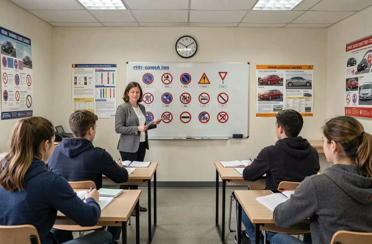 Monitrice de l'École de Conduite Castraise animant un cours de code de la route devant des élèves assis avec des panneaux de signalisation au tableau