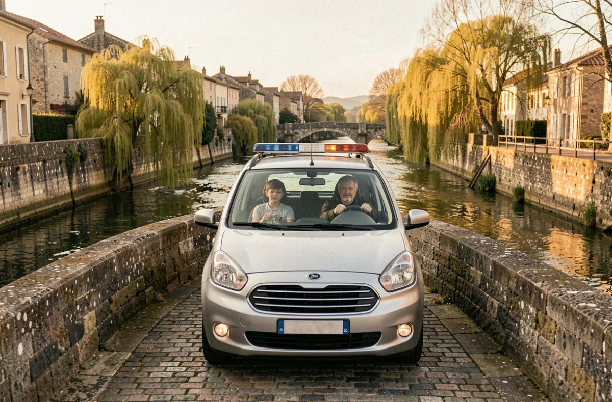 Voiture de l'École de Conduite des Deux Rives traversant un pont en pierre sur une rivière dans une ville médiévale du Tarn avec des saules pleureurs