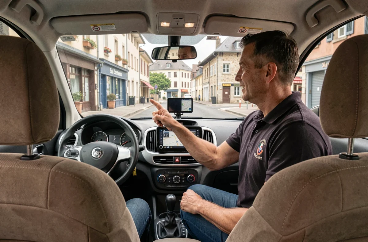 Moniteur de l'Ecole de Conduite Polytechnique à Bourg-en-Bresse guidant un élève dans la voiture