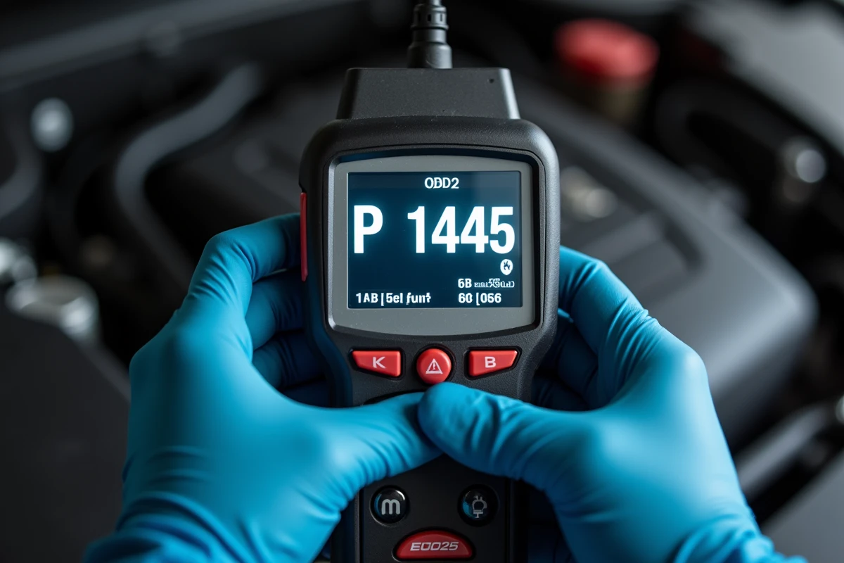 Écran de valise OBD2 affichant le code défaut P1445 tenu par un mécanicien gantéo