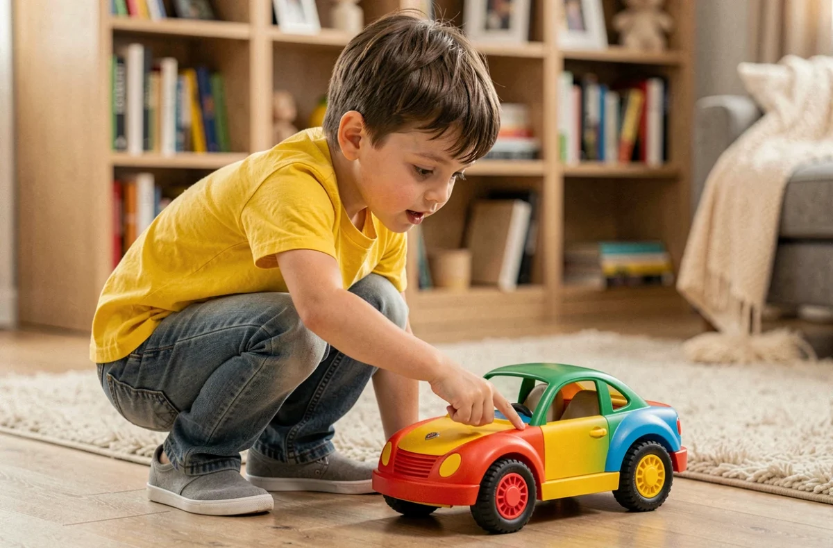 Enfant découvrant les parties d'une voiture jouet colorée en montrant la roue dans un salon