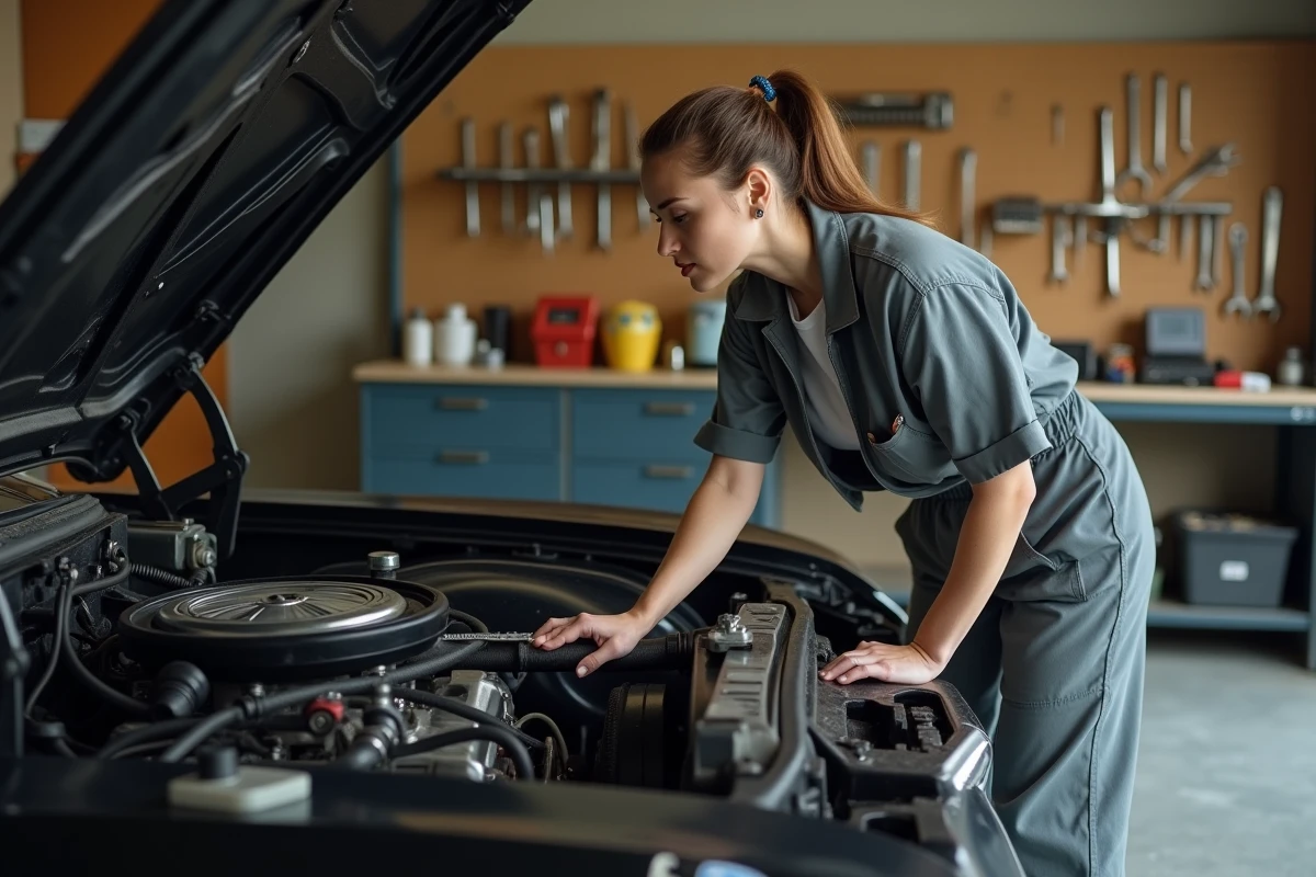 Mécanicienne inspectant le moteur d'une voiture Supernatural dans un garage privé, illustrant l'entretien et la maintenance du véhicule
