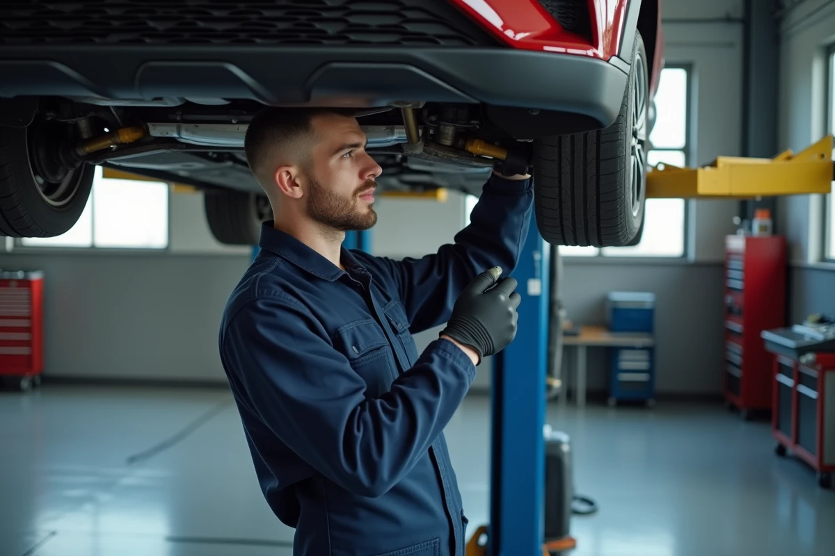 Technicien réalisant l'entretien d'une Toyota C-HR 2026 sur un pont élévateur dans un atelier de concessionnaire