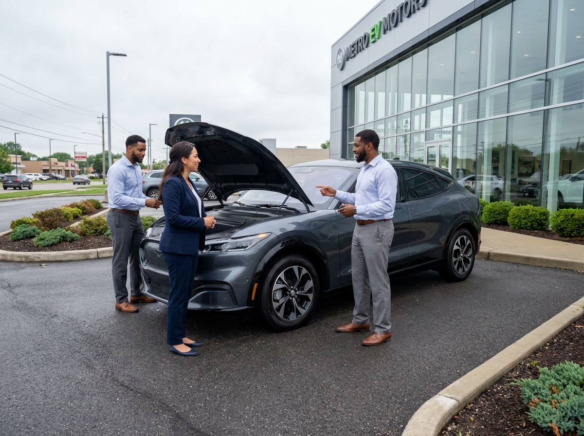 Équipe de professionnels examinant une voiture électrique devant la façade d'une concession automobile moderne